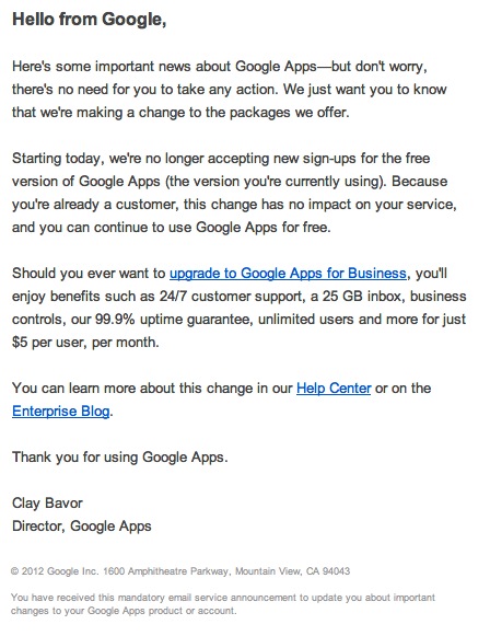 Google Apps No Longer Free